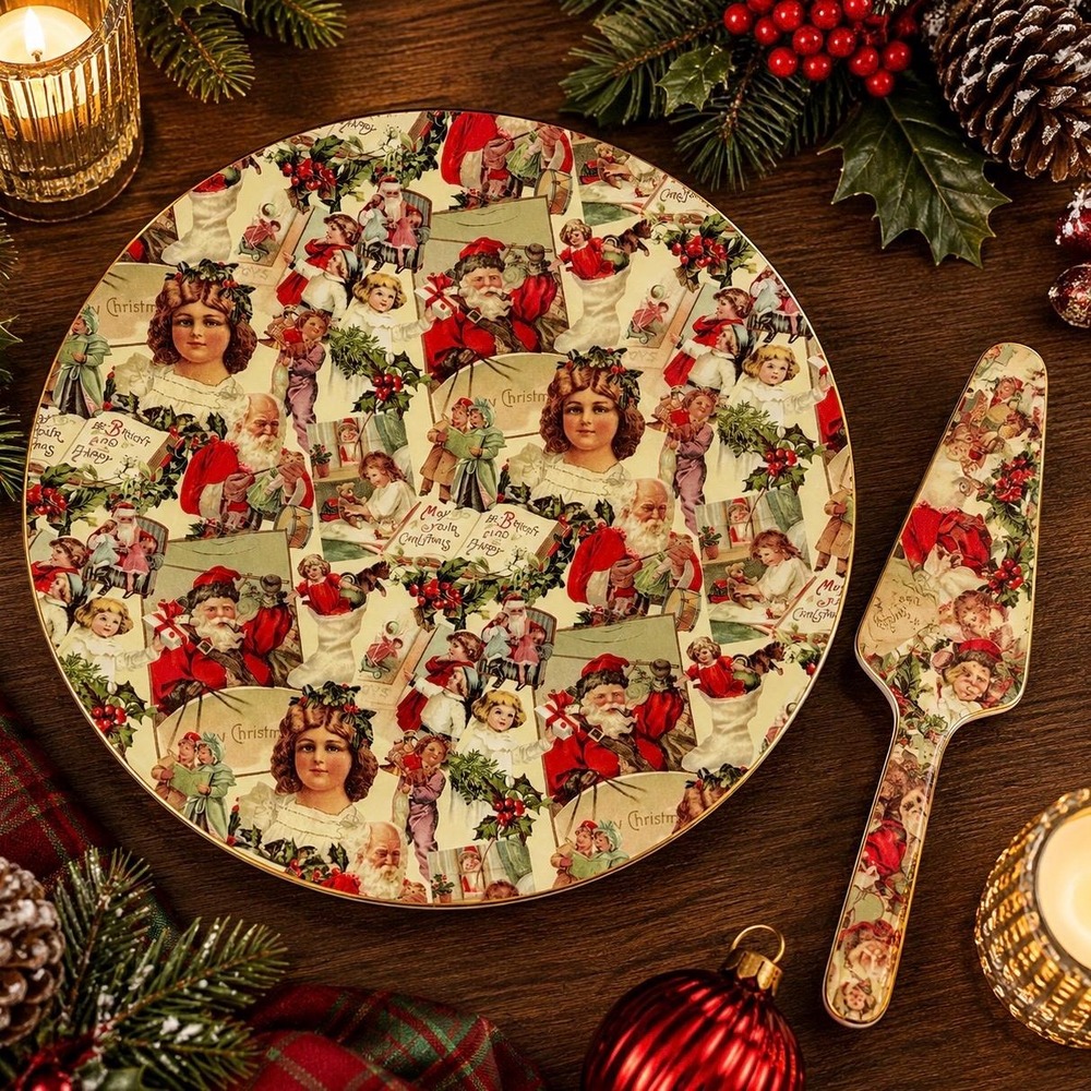NIB VTG Christmas Cake Plate Set Victorian Santa Collage Platter Madison & Max